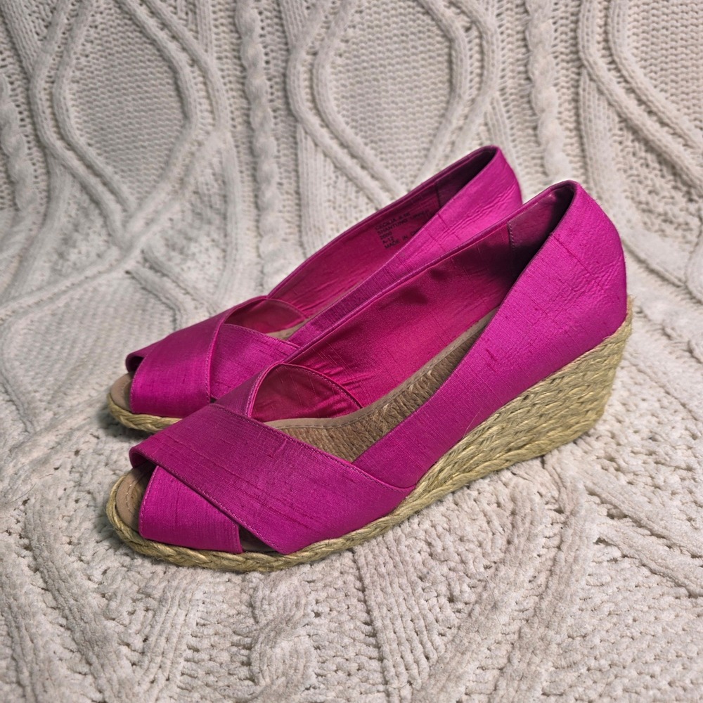 Ralph Lauren Cecilia Espadrille Wedge Heels Hot Pink Silk Peep Toe Womens 8.5B
